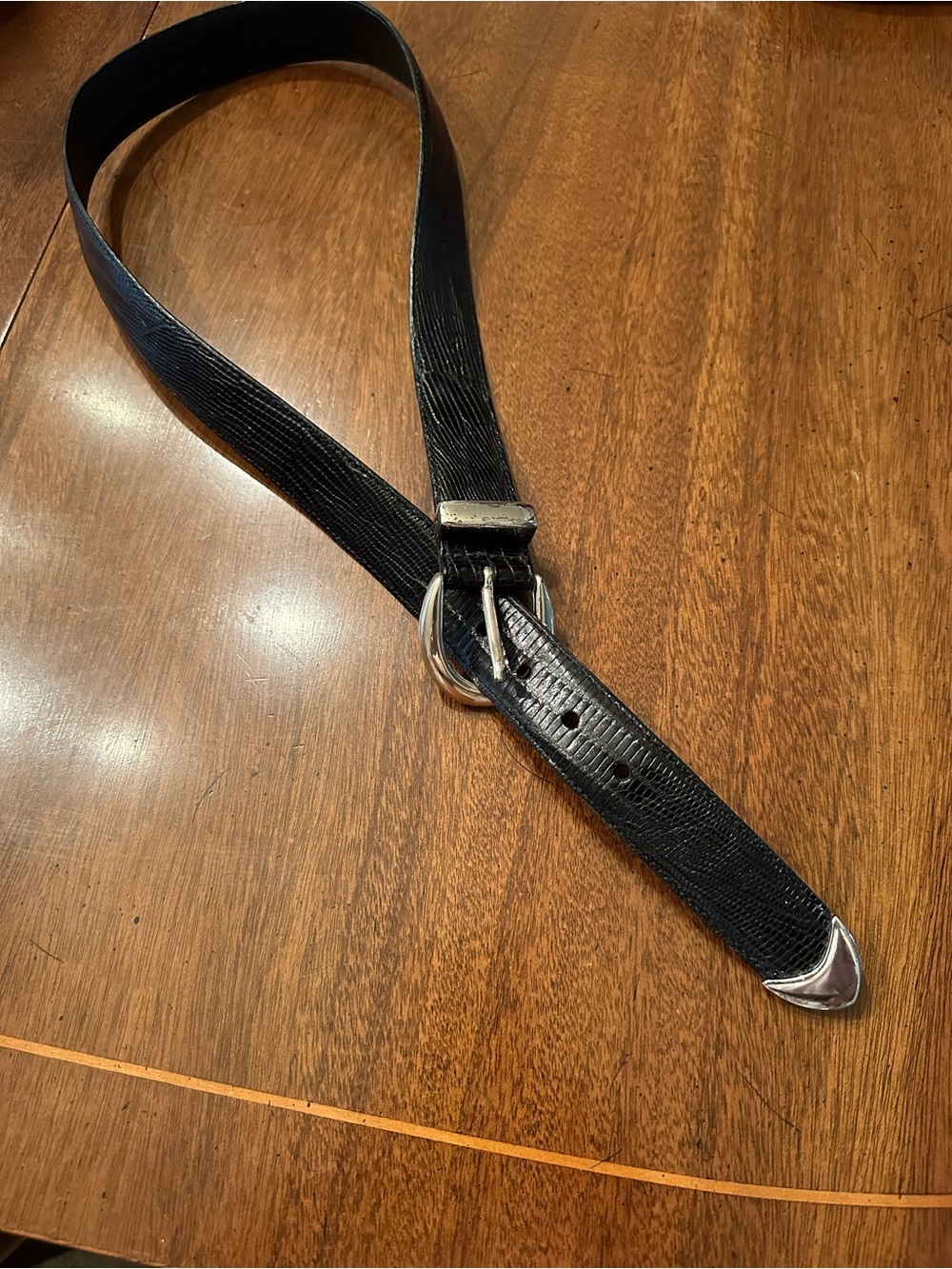 Black Women’s Textured Leather Belt with Silver Hardware